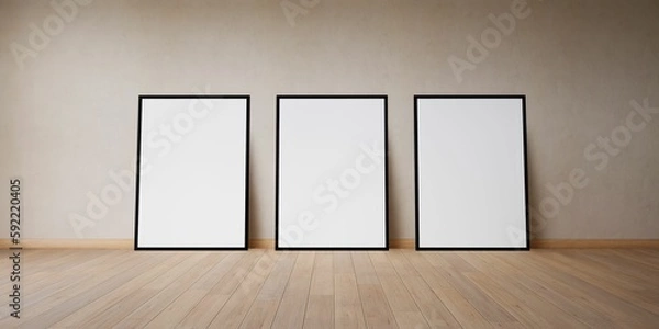 Obraz trois cadres vides, blanc avec encadrement noir, posés contre un mur, illustration pour incrustation ou présentation graphique, rendu 3d