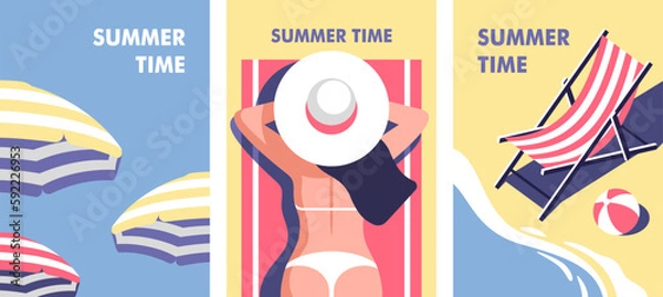 Fototapeta Summer time. Concept of summer party and travel. Perfect background on the theme of season vacation, weekend, beach. Vector illustration in minimalistic style for posters, cover art, flyer, banner.