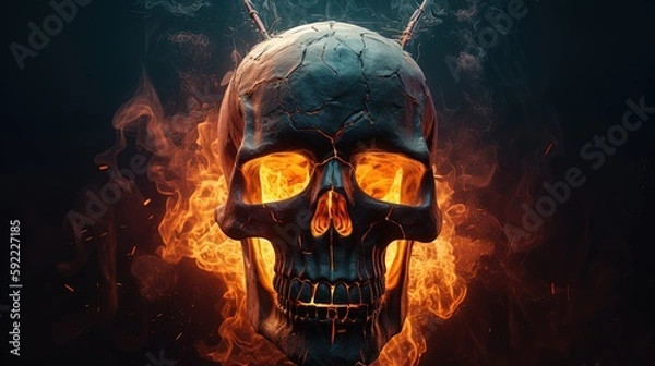 Fototapeta skull with flame and smoke burning in dark, Generative Ai