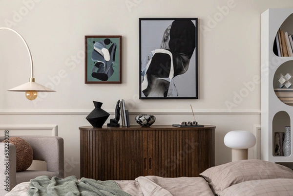 Fototapeta Warm and cozy bedroom interior with mock up poster frame, bed, beige bedding, stylish lamp, wooden sideboard, gray armchair, sculpture, modern rack and personal accessories. Home decor. Template.