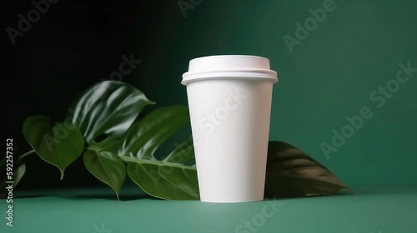 Fototapeta Coffee cup mock up on background with leafs