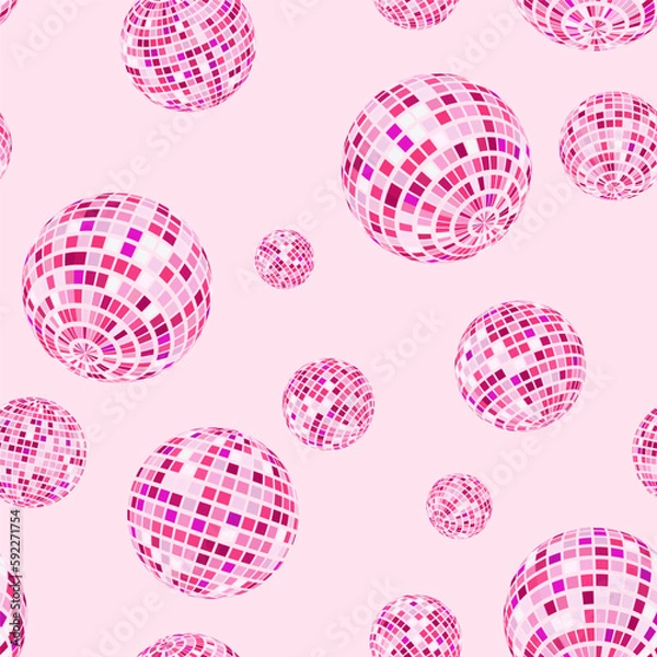Fototapeta Disco balls seamless pattern in pink. Kitchen disco, boogie, 70s good vibes. Music, parties, festivals. Retro and vintage print.