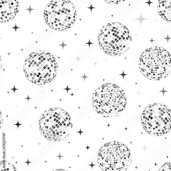 Fototapeta Disco balls seamless pattern in silver. Kitchen disco, boogie, 70s good vibes. Music, parties, festivals. Retro and vintage print.