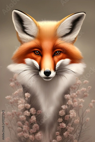 Fototapeta Beautiful fox with floral decor. Colorful wildlife portrait. Poster for spring holidays, generative AI.