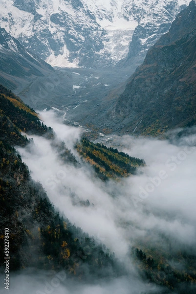 Obraz View of the valley and autumn foggy forest with snow covered mountain peaks
