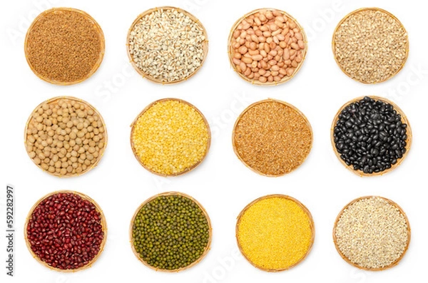 Obraz Collections of natural organic cereal and grain seed pile in wooden basket on white background for healthy food ingredient or agricultural product concept