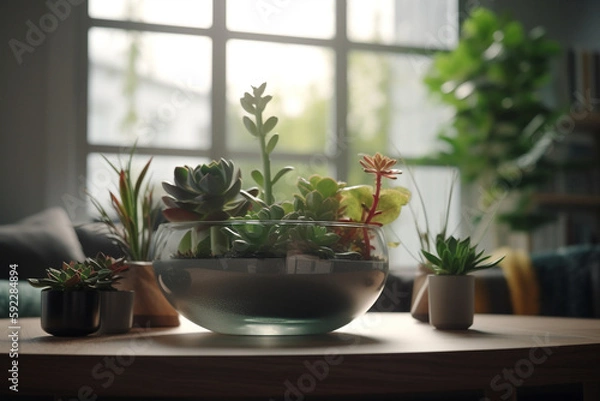 Fototapeta plants and greenery to add a pop of color and life to your living room plants or a small herb garden on a windowsill, Generative AI	