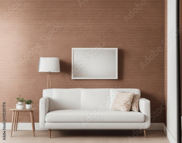 Fototapeta A Mockup Photo of a Living Room with Blank Canvas and Empty Frame on a Brick Wall Background, Perfect for Artists and Designers Seeking Inspiration and a Stylish Way to Showcase Their Artwork