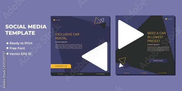 Obraz Set of editable square banner template. Car rental banner background. Flat design vector with photo collage. Usable for social media, story and web internet ads.