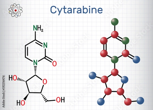 Fototapeta Cytarabine, cytosine arabinoside, ara-C molecule. It is chemotherapy medication. Structural chemical formula and molecule model. Sheet of paper in a cage.