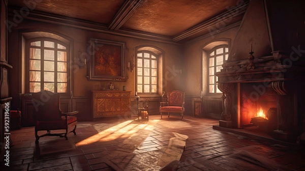 Fototapeta Medieval room, hall interior. Full of light, cinematic light. Made with Generative AI