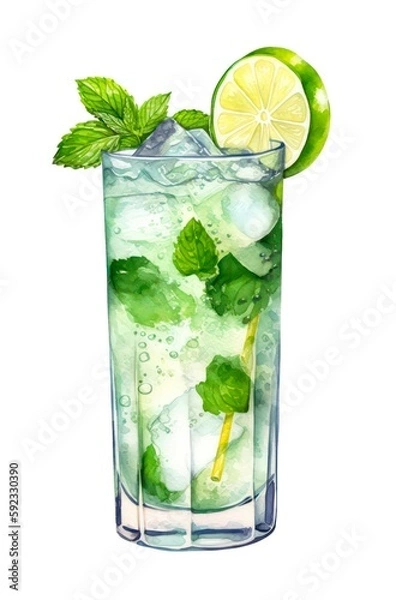 Obraz Watercolor illustration of a mojito cocktail isolated on white background. Glass of water with lime and mint. Generative AI.