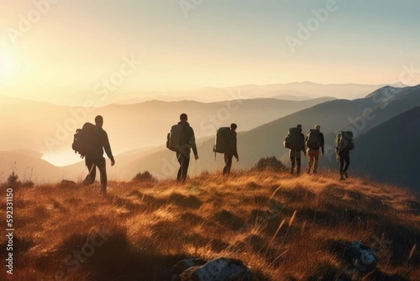 Fototapeta a group of people hiking up a hill, generative AI