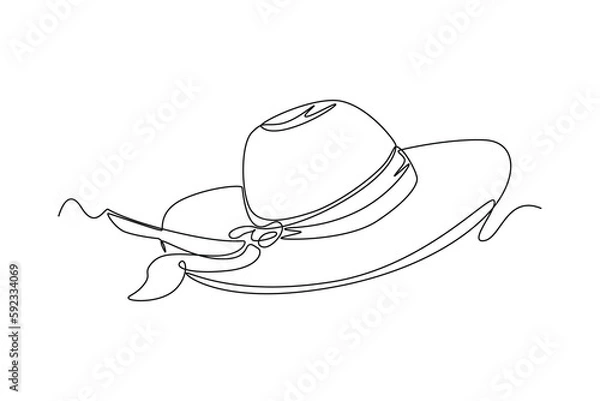 Fototapeta Continuous one line drawing women's beach hat. Summer beach concept. Single line draw design vector graphic illustration.
