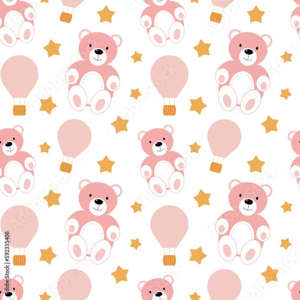 Fototapeta Seamless pattern with pink bear and ballon