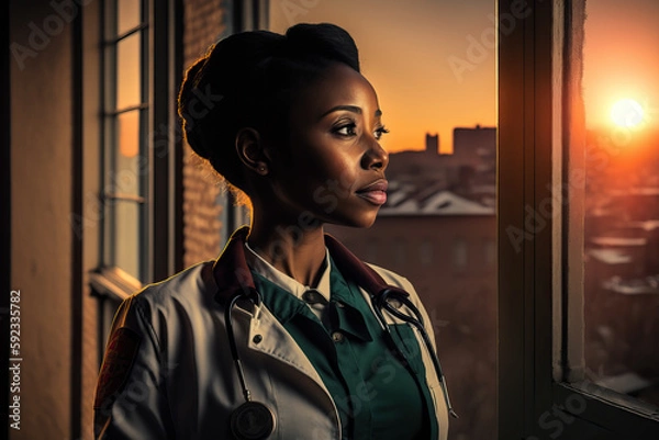 Fototapeta Portrait of female doctor standing by the window in clinic, generative ai