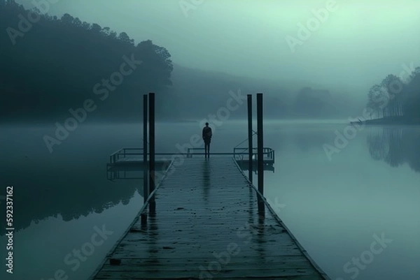 Fototapeta A mysterious creepy lake surrounded by a dark forest. Great for stories of horror, crime, suspense, serial killer, mystery, supernatural, suspense and more.