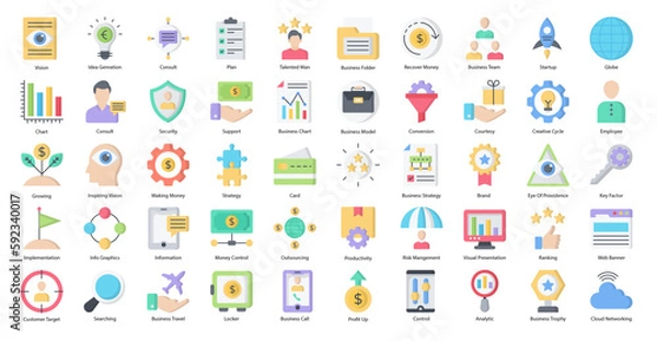 Fototapeta Business Strategy Flat Icons Productivity Management Icon Set in Color Style 50 Vector Icons