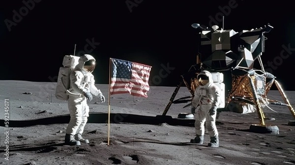 Fototapeta A group photo of the Apollo 11 astronauts on the moon in 1969, planting the American flag and capturing the moment of human’s first steps on another celestial body, 8k, intricate detail, generative ai