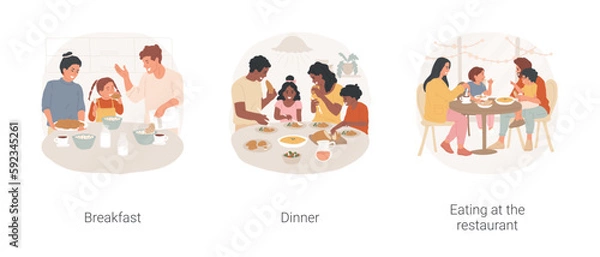 Fototapeta Family eating together isolated cartoon vector illustration set. Family sitting at table, eat breakfast, having dinner together, children talk to parents, at restaurant with kids vector cartoon.