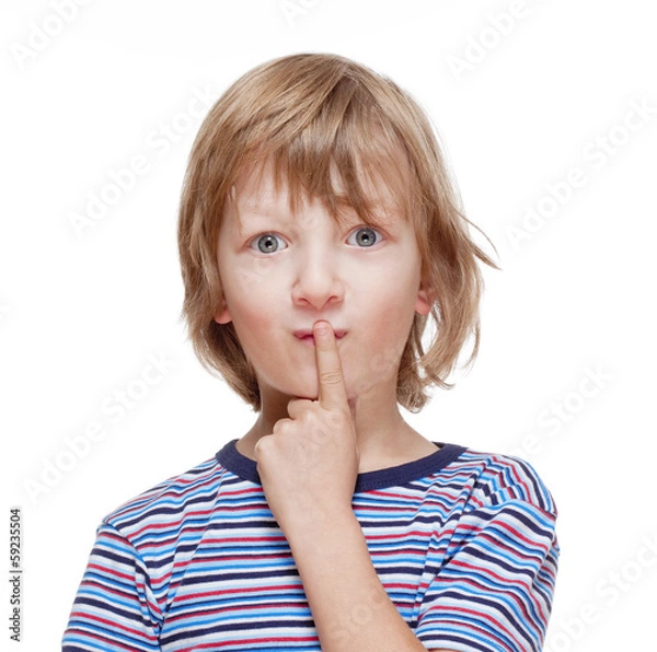 Obraz Boy Looking Thinking, Finger on his Mouth