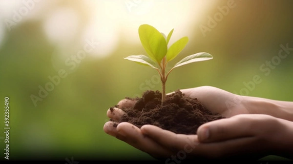 Fototapeta Hand mit Sätzling und Erde Generative AI