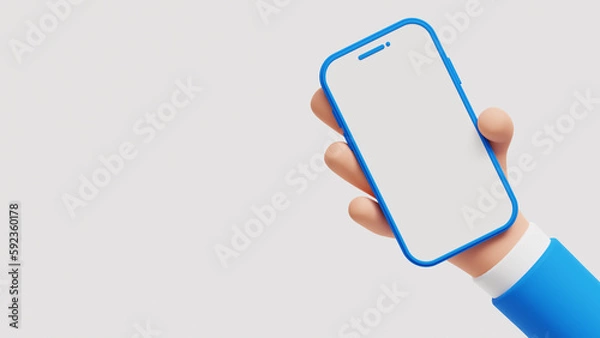 Fototapeta Businessman character hand holding a phone with white screen. Cartoon hand holding smartphone isolated on white background. 3D Illustration