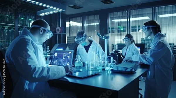 Fototapeta health care researchers working in life of medical science laboratory, technology of medicine chemistry lap experiment for hospital, epic, 8k, hyperrealistic, photography. generative ai