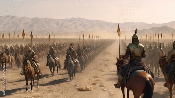 Fototapeta the Persian Empire in 330 BC, with the mighty ruler on horseback and his army marching forward with their banners and weapons, 8k, hyperrealistic, photography, generative ai