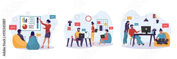Fototapeta Set of cartoon characters of young people working together. Increasing productivity and efficiency in business. Idea of coworking center.Shared working environment. Vector