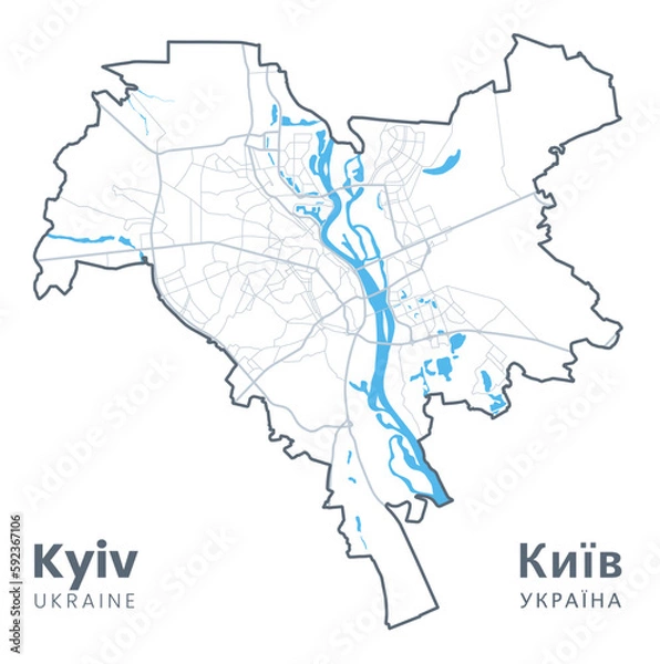 Fototapeta Detailed map of Kyiv - the capital of Ukraine - Urban borders map. Light stroke version of Kyiv City poster with streets and Dnieper River.