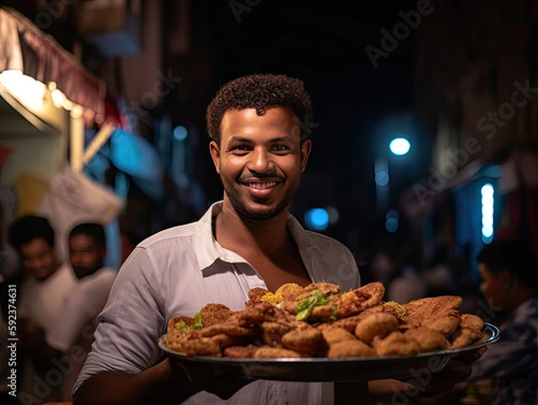 Obraz Generative AI, A man smiling and serving food
