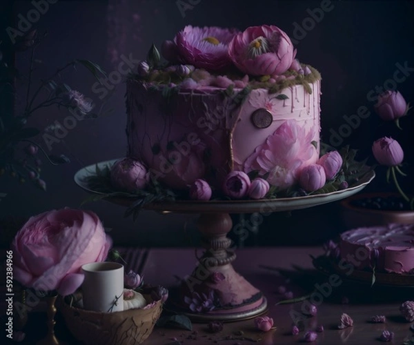 Fototapeta Richly Decorated Cake with Fresh Flowers in Cold and Lavender Tones. Generative AI