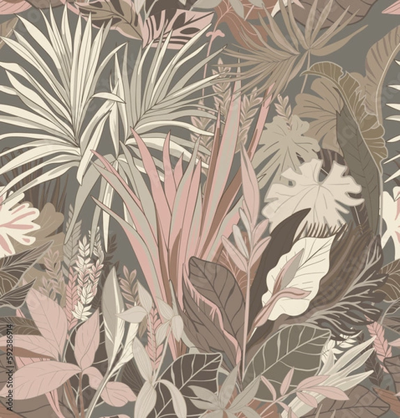 Fototapeta Seamless pattern. Tropical leaves in beige colours