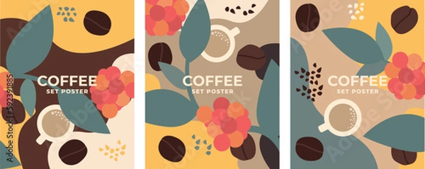 Fototapeta Coffee design poster set. Set of vector drawings, coffee tree and coffee grains. Design for poster, banner, card. Design elements.