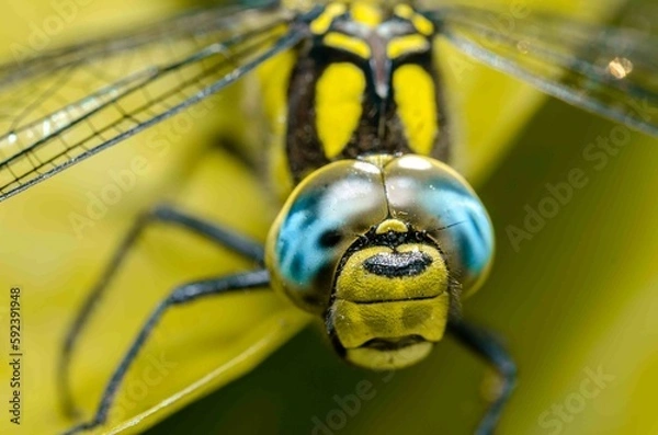 Obraz Extreme macro shot dragonfly eye in the wild on a green leafs.