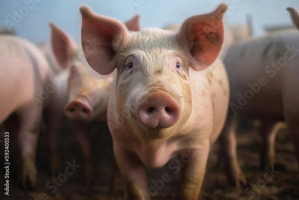 Obraz mother pig with her little pigs looking at the camera.
