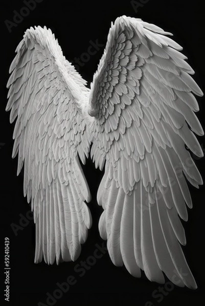 Fototapeta White angel wings isolated on black background, Dimensional model rendered asset, Angled side view, bird feather design natural angelic flying 