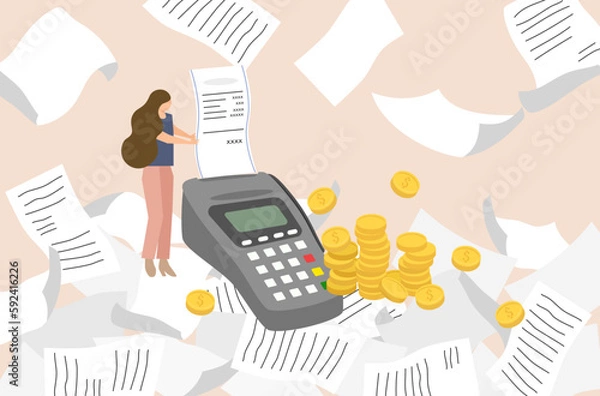 Fototapeta A poor woman has little money to pay for expenses, flat design of money management vector, flat design of a woman with many shopping list vector, woman make payment for many bills.