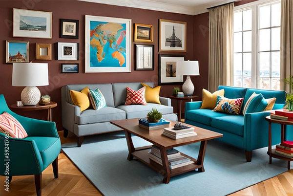 Obraz Interior design of a travel-inspired living room that incorporates souvenirs, travel posters, and a global color palette inspired by your favorite destinations | Generative AI