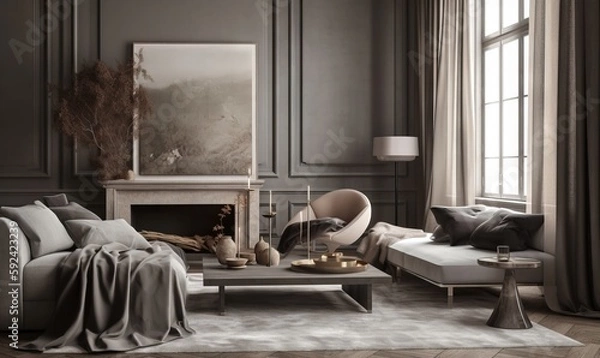 Fototapeta  a living room with a couch, chair, table and a fireplace in it and a painting on the wall above the couch and a chair.  generative ai