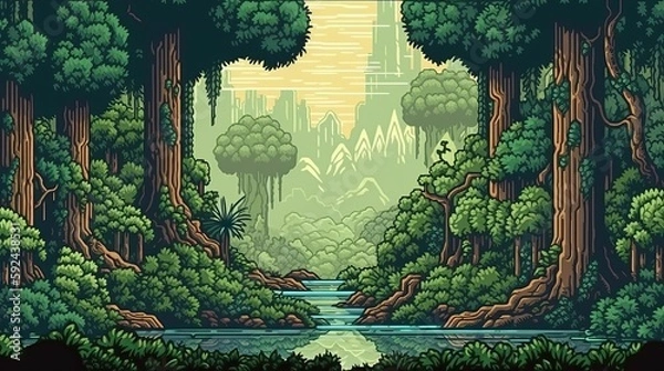 Fototapeta Forest, Retro computer games level. Pixel art video game scene 8 bit. Generative AI