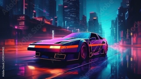 Fototapeta Futuristic retro wave synth wave car among palm trees in the style of the 80s. Generative AI