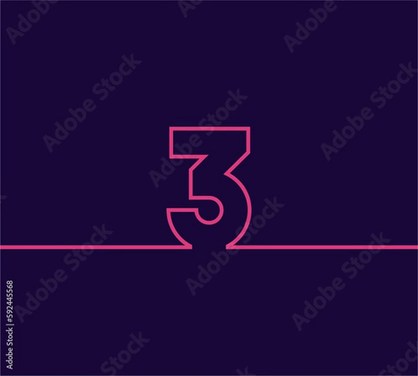 Fototapeta vector design line number 3 three with sticking out to 2 sides. in pink on a dark blue background