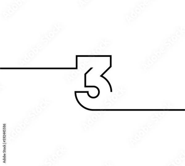Fototapeta vector design line number 3 three with sticking out to 2 sides. in black on a white background. number line