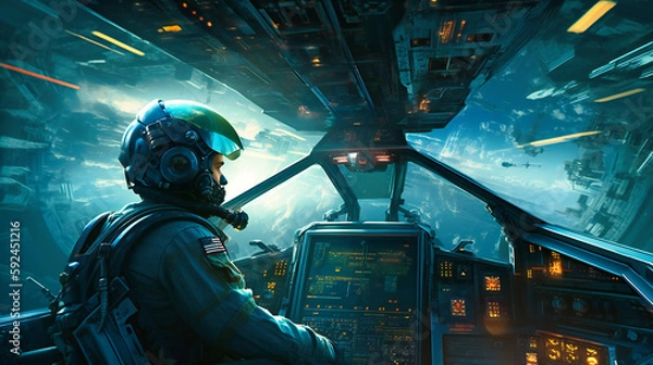 Fototapeta A soldier is sitting in a fighter jet with his fighters