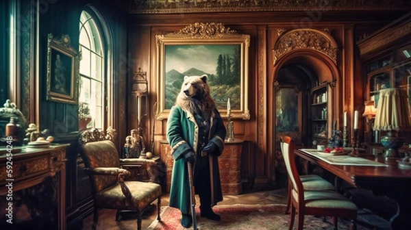Fototapeta A distinguished bear as a hunter wearing a hunter's suit holding a rifle in a classical room