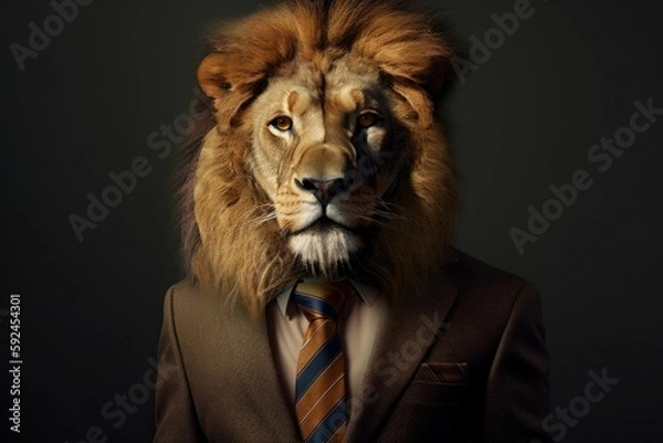 Fototapeta An anthropomorphic lion is like a boss in the office. Business concept. AI generated, human enhanced