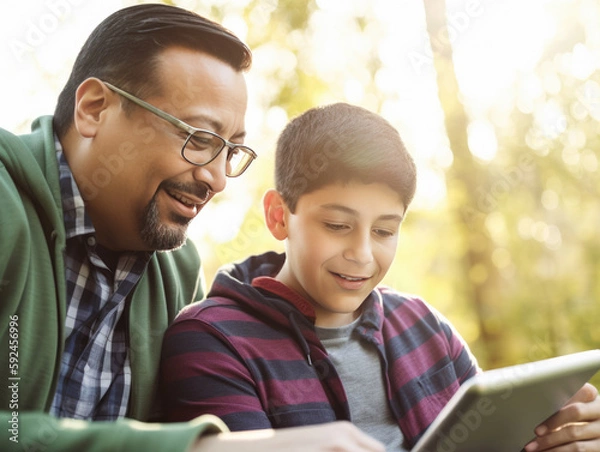 Fototapeta Close-up portrait of an hispanic father and son sitting together outdoors, looking at ipad tablet and smiling.  Soft backlighting.  Illustration created with Generative AI technology.
