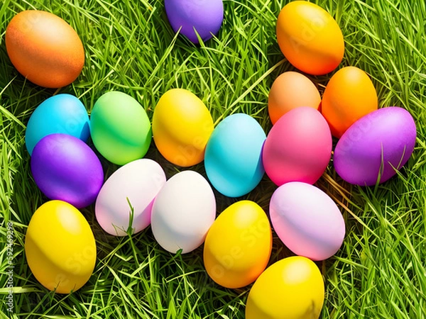 Obraz Colorful Easter eggs on green grass background with copyspace. Generative AI.